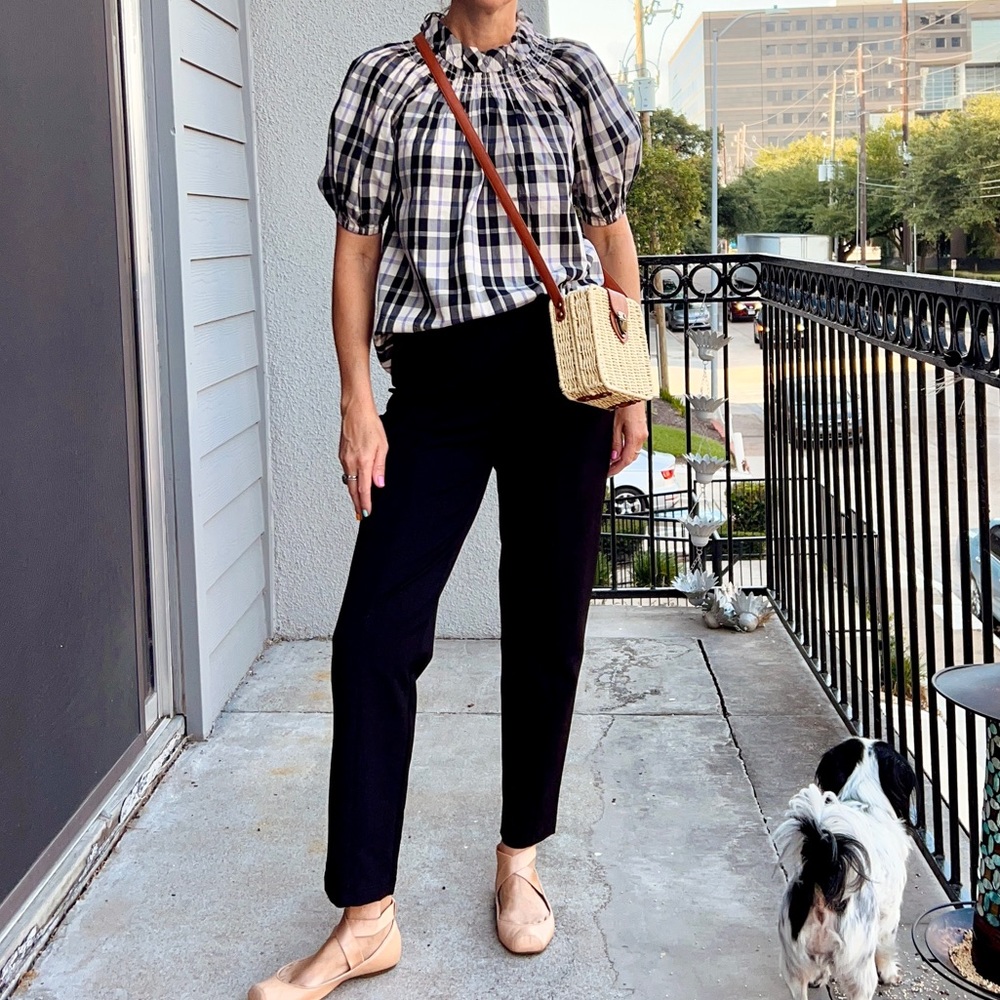 J Crew Reimagined black / purple plaid blouse, size XXS (runs big)